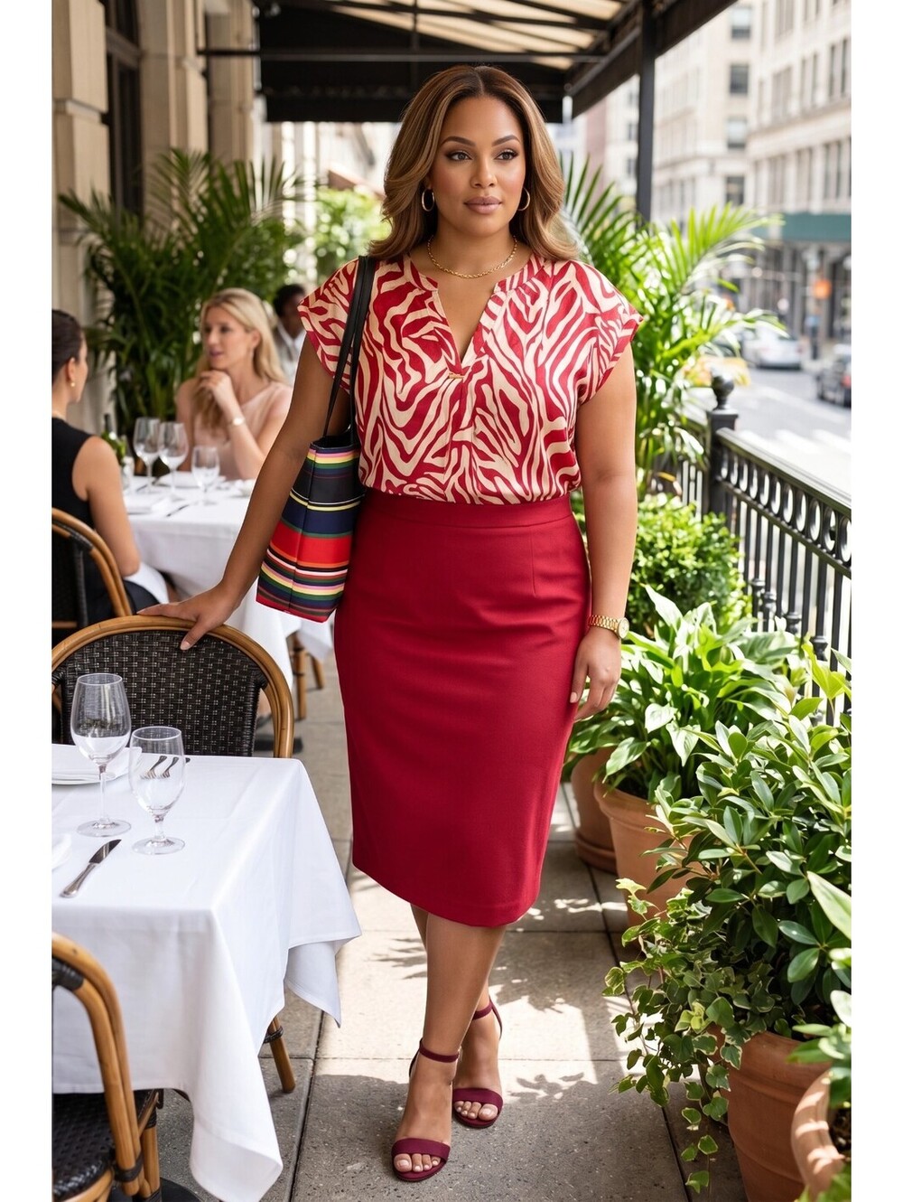 Liz Claiborne Zebra Print Cap Sleeve Top Split V Neck Red Tan Plus Size 1X - Picture 6 of 6